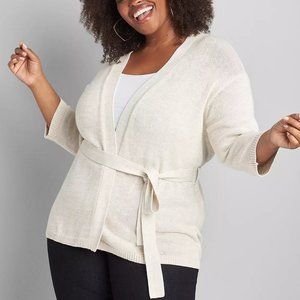 3/4-Sleeve Marled Open Sweater With Belt